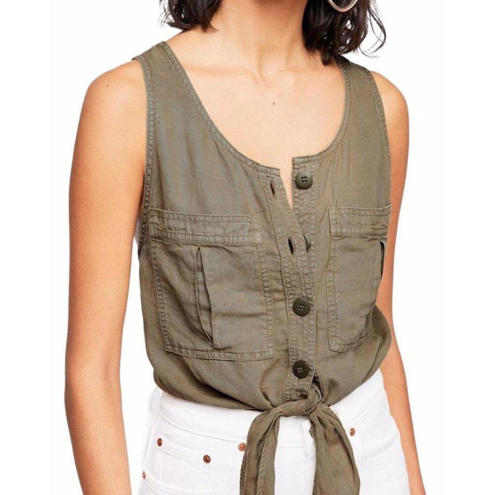 Free People Highway Cruising Linen blend tie front tank army green size Small
